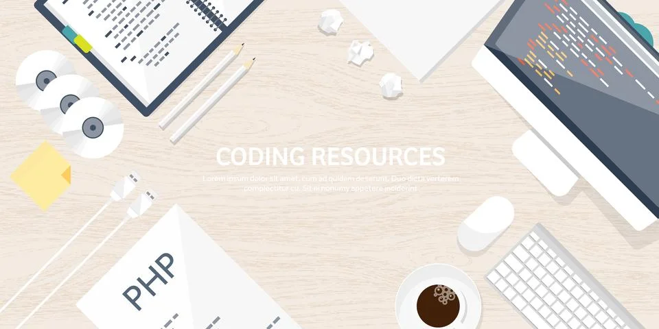 Programming and coding flat computing background. Code, hardware,software. Web Stock Illustration