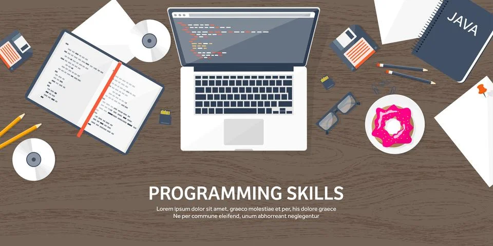 Programming and coding flat computing background. Code, hardware,software. Web Stock Illustration