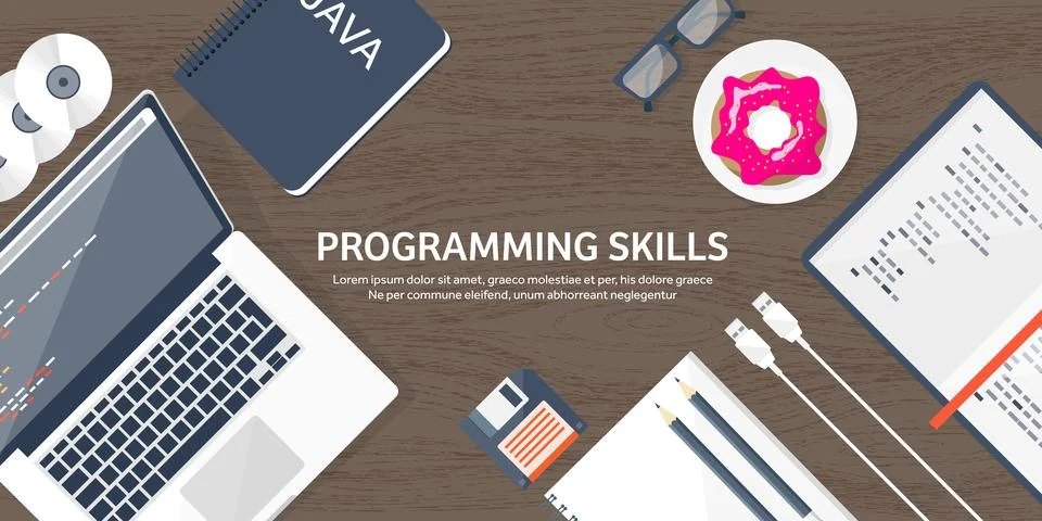 Programming and coding flat computing background. Code, hardware,software. Web Stock Illustration