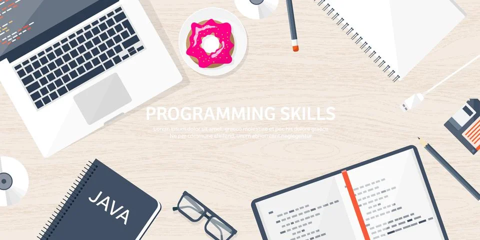 Programming and coding flat computing background. Code, hardware,software. Web Stock Illustration