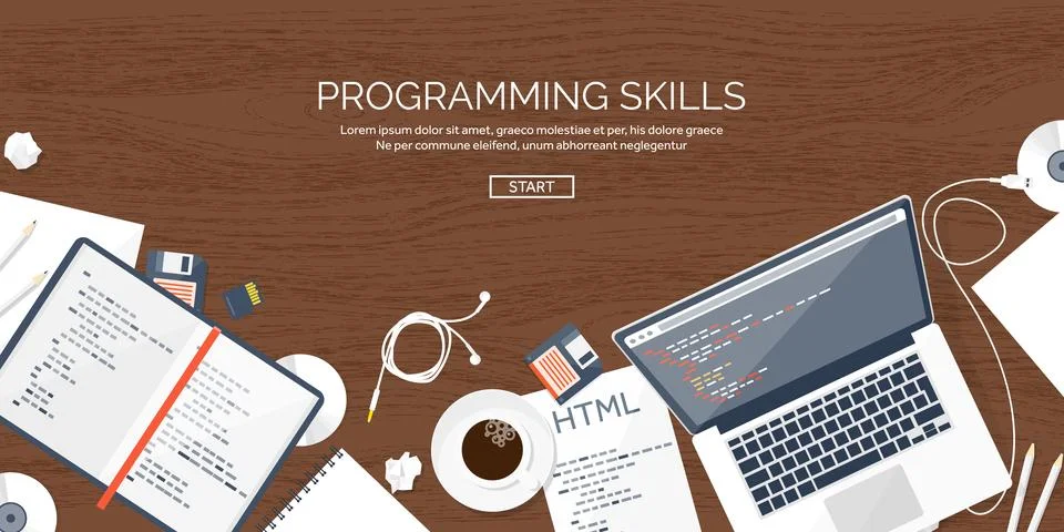 Programming and coding flat computing background. Code, hardware,software. Web Stock Illustration