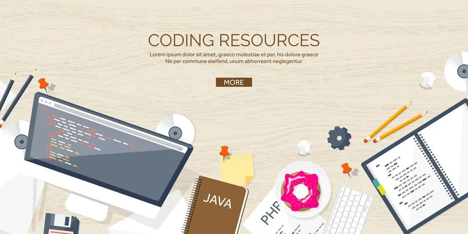 Programming and coding flat computing background. Code, hardware,software. Web Stock Illustration