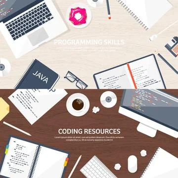 Programming and coding flat computing background. Code, hardware,software. Web Stock Illustration