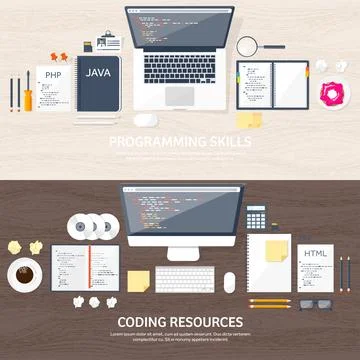 Programming and coding flat computing background. Code, hardware,software. Web Stock Illustration