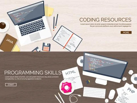 Programming and coding flat computing background. Code, hardware,software. Web Stock Illustration