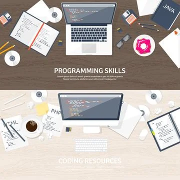 Programming and coding flat computing background. Code, hardware,software. Web Stock Illustration