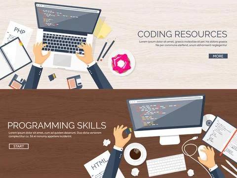 Programming and coding flat computing background. Code, hardware,software. Web Stock Illustration