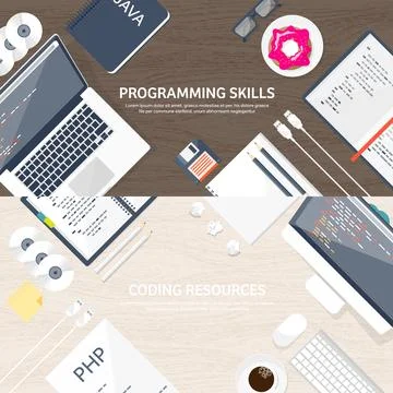 Programming and coding flat computing background. Code, hardware,software. Web Stock Illustration