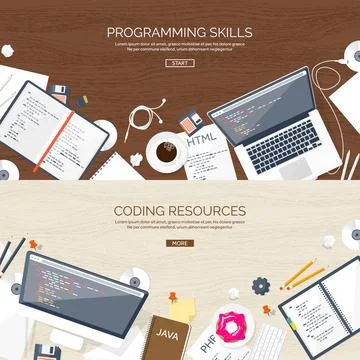 Programming and coding flat computing background. Code, hardware,software. Web Stock Illustration