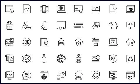 Programming and coding icon set. Contains such Icons as code, api, programm.. Stock-Illustration