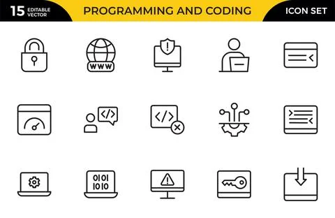 Programming and coding icon set. Contains such Icons as code, api, programm.. Stock-Illustration