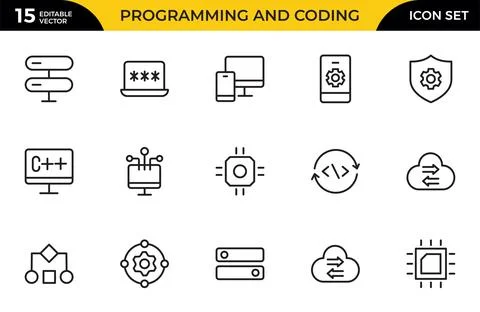 Programming and coding icon set. Contains such Icons as code, api, programm.. Stockillustratie