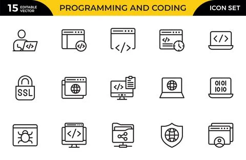 Programming and coding icon set. Contains such Icons as code, api, programm.. Stock Illustration