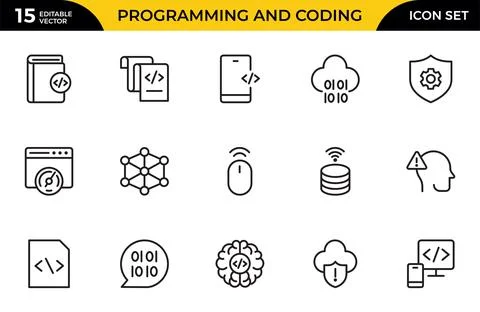Programming and coding icon set. Contains such Icons as code, api, programm.. Stock-Illustration