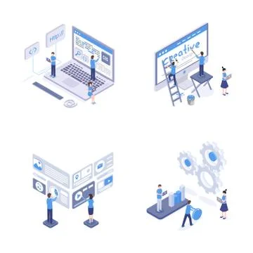 Programming and coding isometric illustrations set. Software optimization, web Stock-Illustration