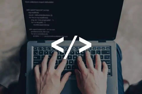 Programming and coding language concept with person and laptop Stock Photos