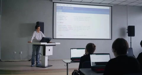 Programming And Coding Lesson In School For Gifted Children, Genius Boy Speaking Stock Footage 280173169
