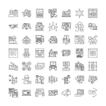 Programming and coding linear icons, signs, symbols vector line illustration set Stock Illustration