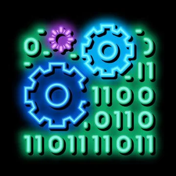 Programming and coding process of machine learning neon glow icon illustratio Stock-Illustration