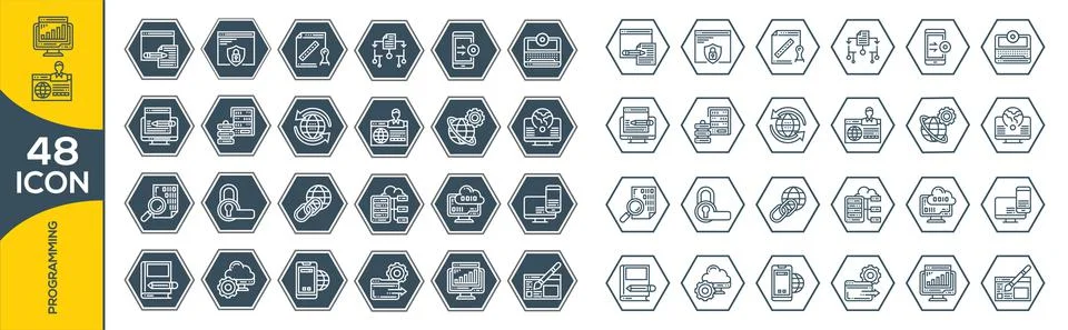 Programming and coding vector icon set in thin line style. Developer icon set 스톡 일러스트