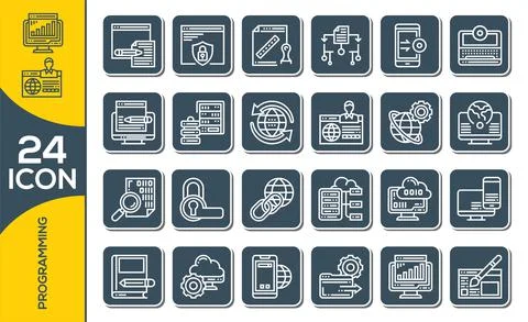 Programming and coding vector icon set in thin line style. Developer icon set Stock Illustration