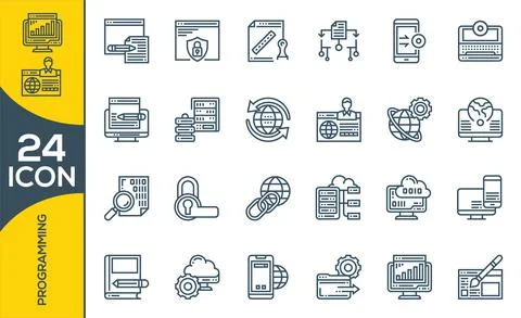 Programming and coding vector icon set in thin line style. Developer icon set 스톡 일러스트