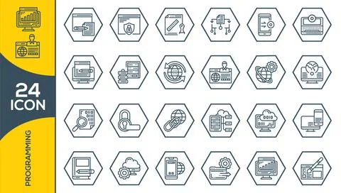 Programming and coding vector icon set in thin line style. Developer icon set 스톡 일러스트