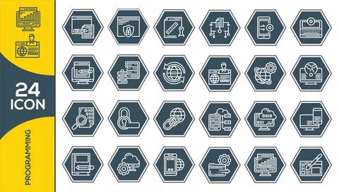 Programming and coding vector icon set in thin line style. Developer icon set 스톡 일러스트