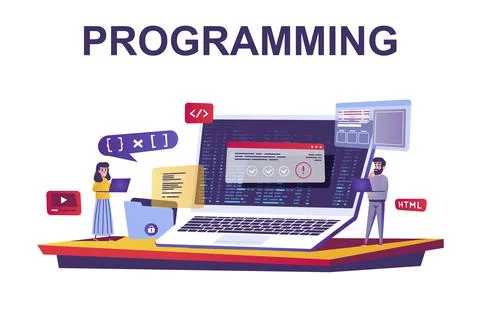 Programming and coding web concept in flat style. People making program softw Stock Illustration