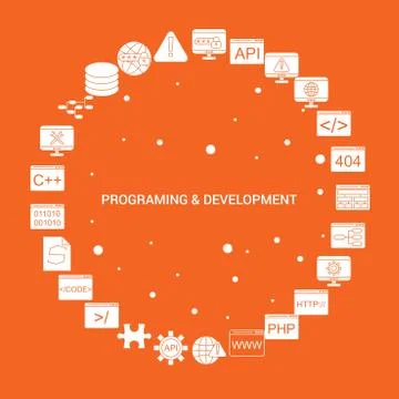 Programming and Developement Icon Set. Infographic Vector Template Illustrazione stock
