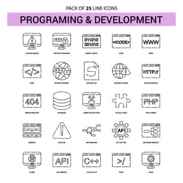 Programming and Developement Line Icon Set - 25 Dashed Outline Style Illustrazione stock