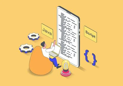 Programming and development concept in 3d isometric design. Man creating code Stock Illustration