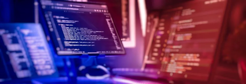 Programming and Software Development Background with Multiple Computer Screen Stock-Fotos