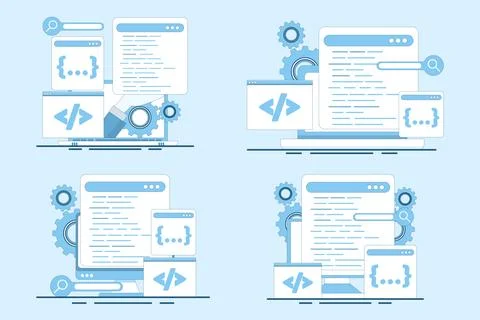 Programming and software development infographics featuring coding technology Stock Illustration