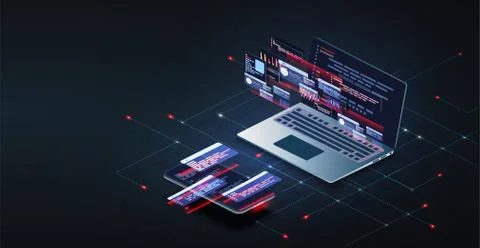 Programming and software development web page banner, program code on screen Stock Illustration