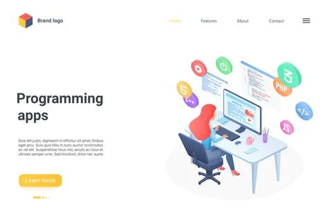 Programming app technology isometric landing page, mobile application Stockillustratie