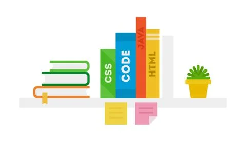 Programming books with text CSS, CODE, JAVA, HTML on the shelf vector Stock Illustration