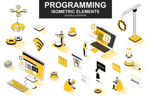 Programming bundle of isometric elements. Developer working, program languages Stock Illustration