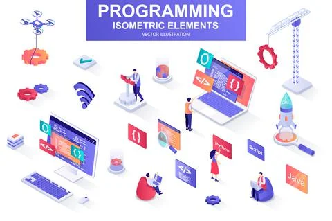 Programming bundle of isometric elements. Stock Illustration