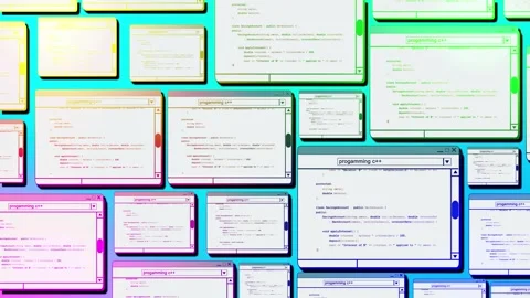 Programming c++ in retro style 90s or 2000. Coding windows with purple vinta Stock Footage 249666565