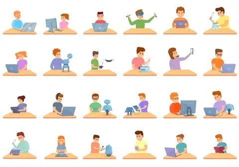 Programming for children icons set, cartoon style 스톡 일러스트