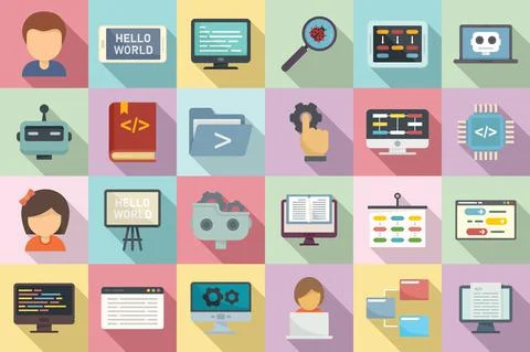 Programming for children icons set, flat style Illustrazione stock