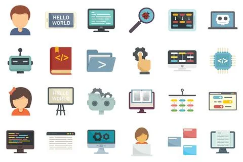 Programming for children icons set, flat style Stock Illustration