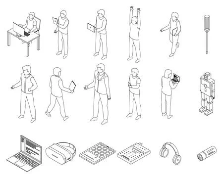 Programming for children icons set outline vector Stock Illustration