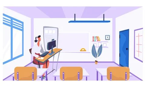 A programming class. The teacher sits with headphones at his desk and takes Illustrazione stock