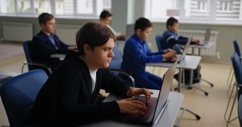 Programming Classes For School Students, Pupils With Laptops In Computer-Based Stock Footage 280178067