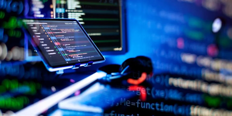 Programming code abstract screen of software developer. Working atmosphere .. Stock Photos