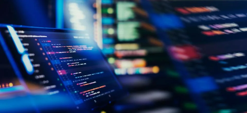 Programming code abstract screen of software developer. Working atmosphere .. Stockfoto's