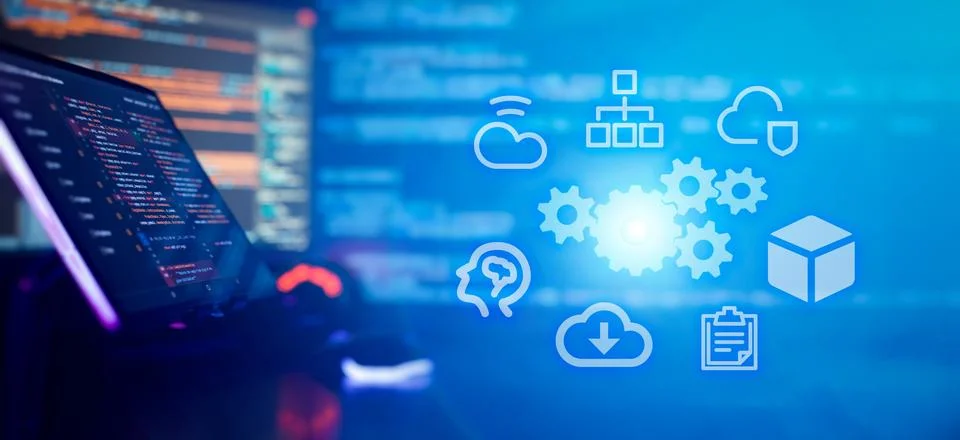 Programming code abstract screen of software developer. Coding script text .. 스톡 사진