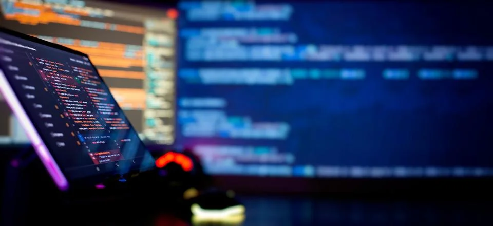 Programming code abstract screen of software developer. Coding script text .. Stock Photos